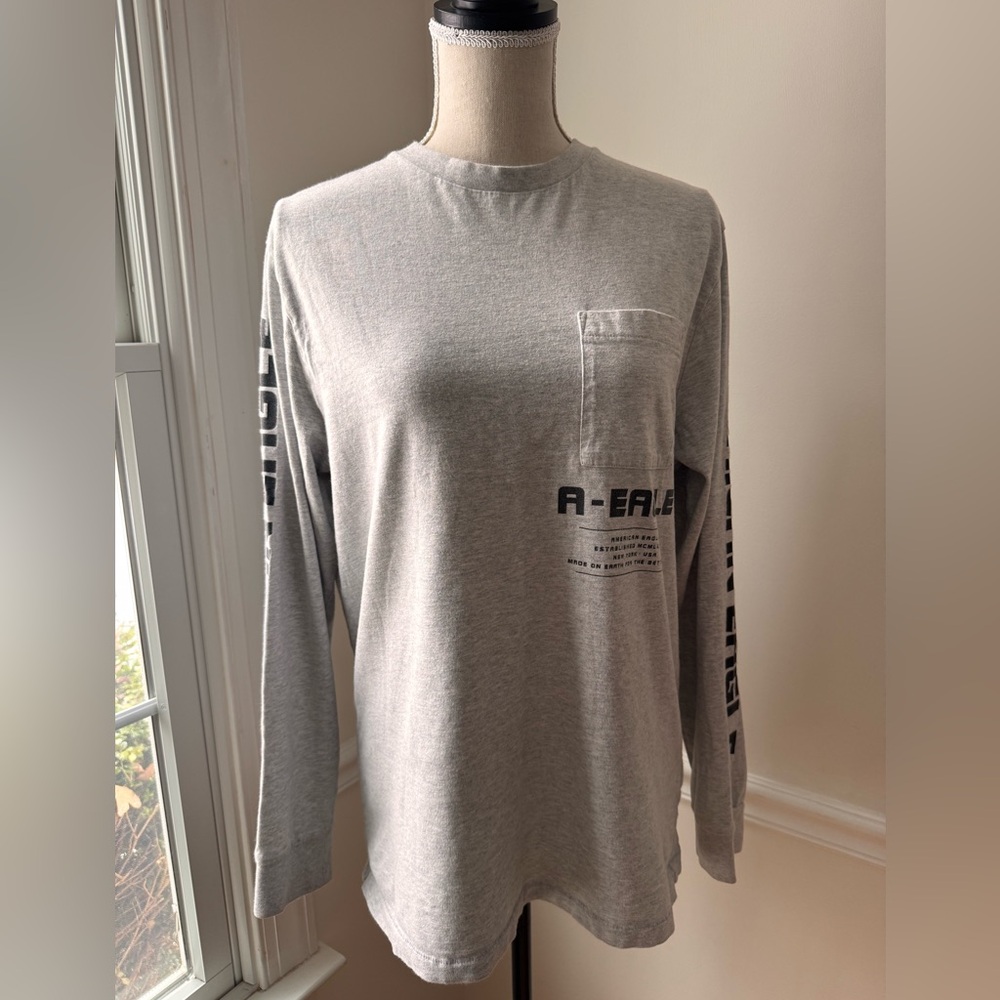 American Eagle Men’s Light Gray 100% Cotton Long Sleeve Men's T-Shirt Medium